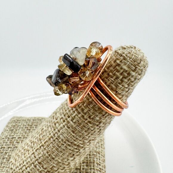 Vintage Rose Gold Wire Bead Stone Ring Chunky Handmade Artisan Bold Retro - Picture 6 of 8
